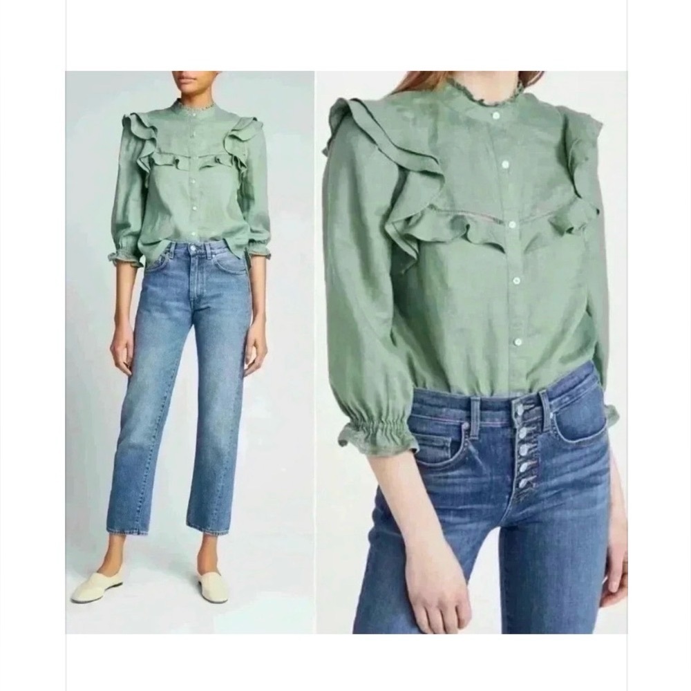 Veronica Beard Ruffled Button-Front Green Blouse - Picture 1 of 7